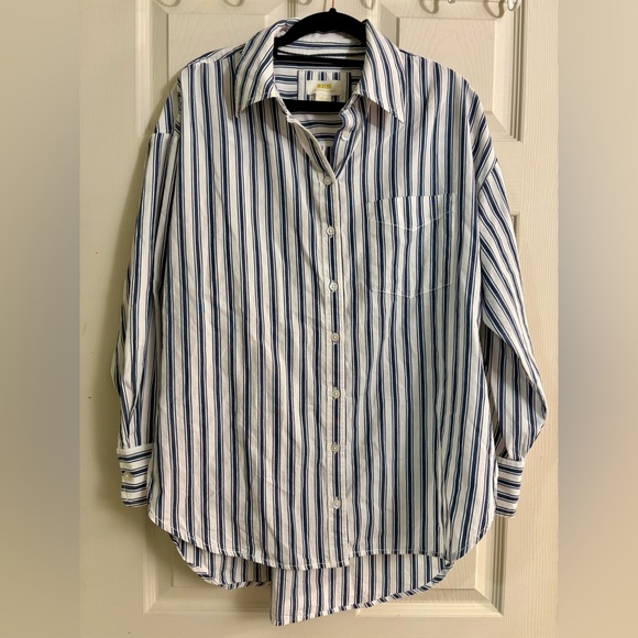 Maeve by Anthropologie The Bennet Navy and White Striped Button Down Shirt - Picture 3 of 7